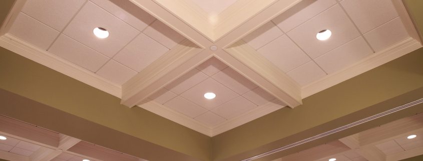 Coffered ceilings located in the main lobby at State Bank of The Lakes in Round Lake, IL.