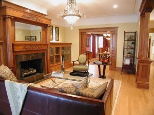 Nearly 100% reused and restored original woodwork was used in this historic Chicago private residence.