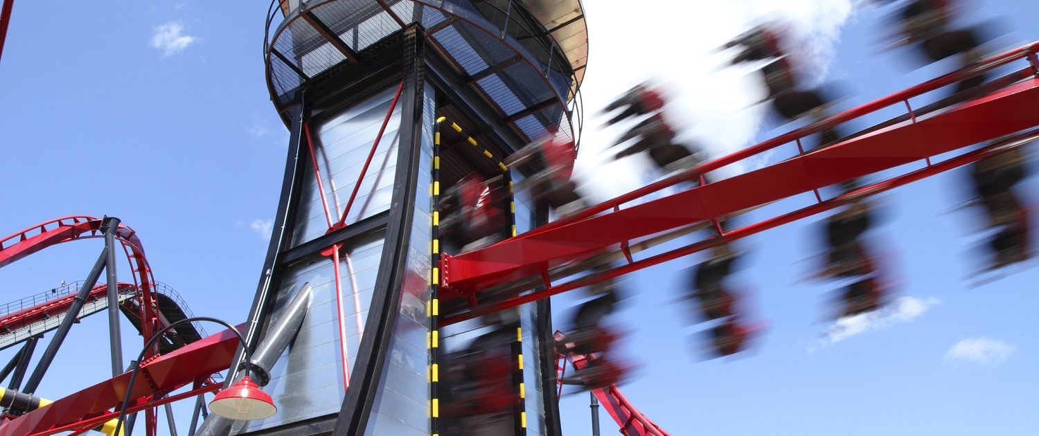 The adrenaline-pumping thrill element as the X Flight train speeds through the Control Tower.